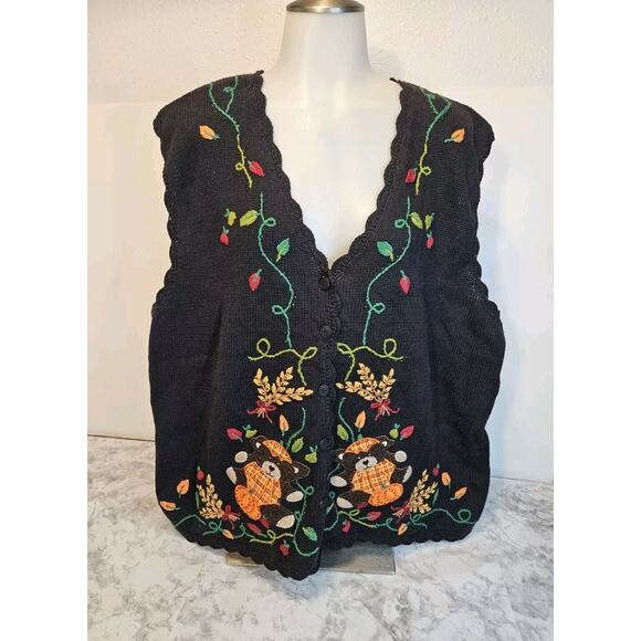VTG Bobby Brooks 22w/24w Black Halloween Sweater Vest Fall Pumpkin Bears NWT - Picture 1 of 14
